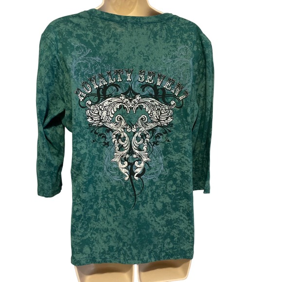 Seven 7 Green V Neck 3/4 Sleeve Tee Shirt with Design XL Pre-owned - Picture 2 of 12
